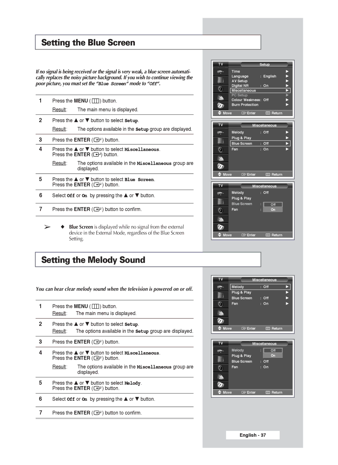 Samsung PS-50P4H1 manual Setting the Blue Screen, Setting the Melody Sound 