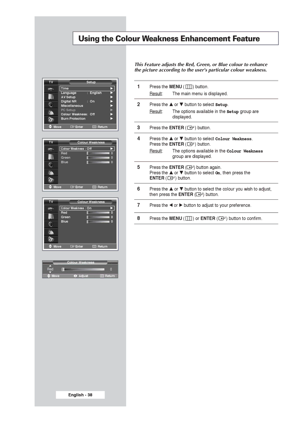 Samsung PS-50P4H1 manual Using the Colour Weakness Enhancement Feature 