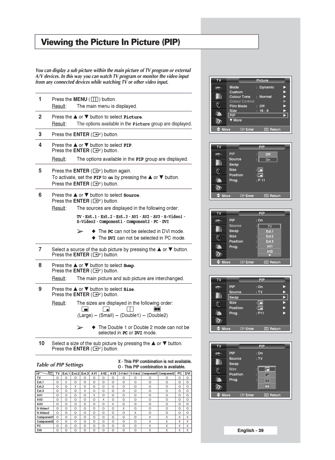 Samsung PS-50P4H1 manual Viewing the Picture In Picture PIP, Video2 Component1 Component2 PC DVI 