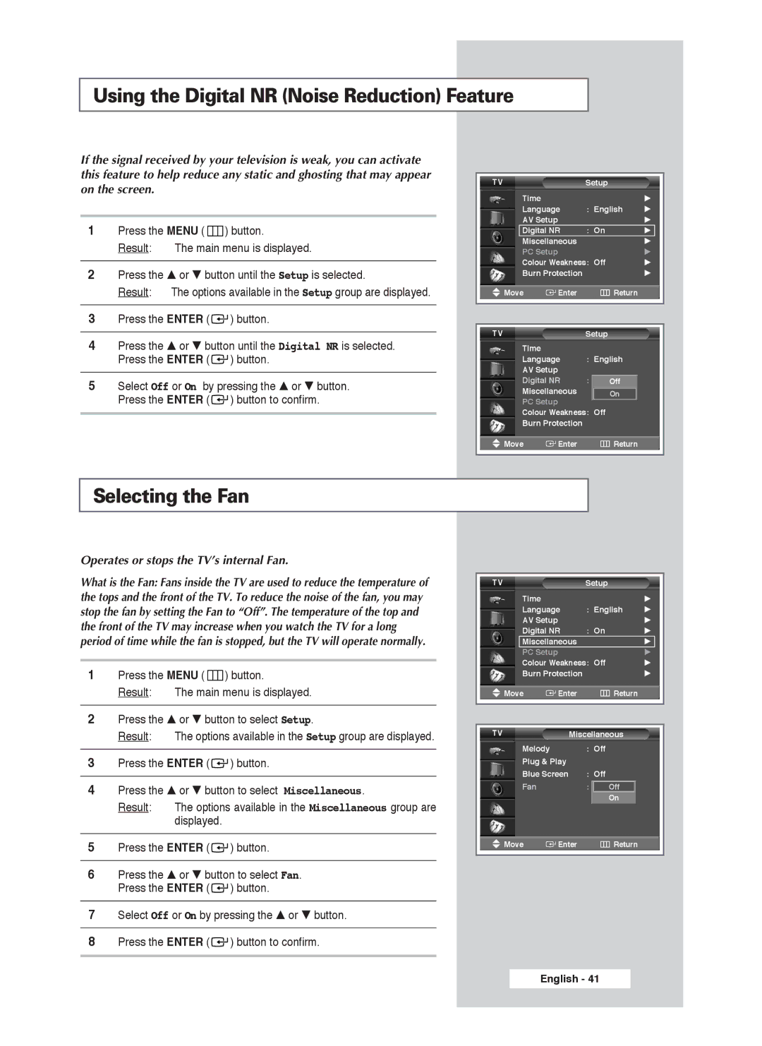 Samsung PS-50P4H1 Using the Digital NR Noise Reduction Feature, Selecting the Fan, Operates or stops the TV’s internal Fan 