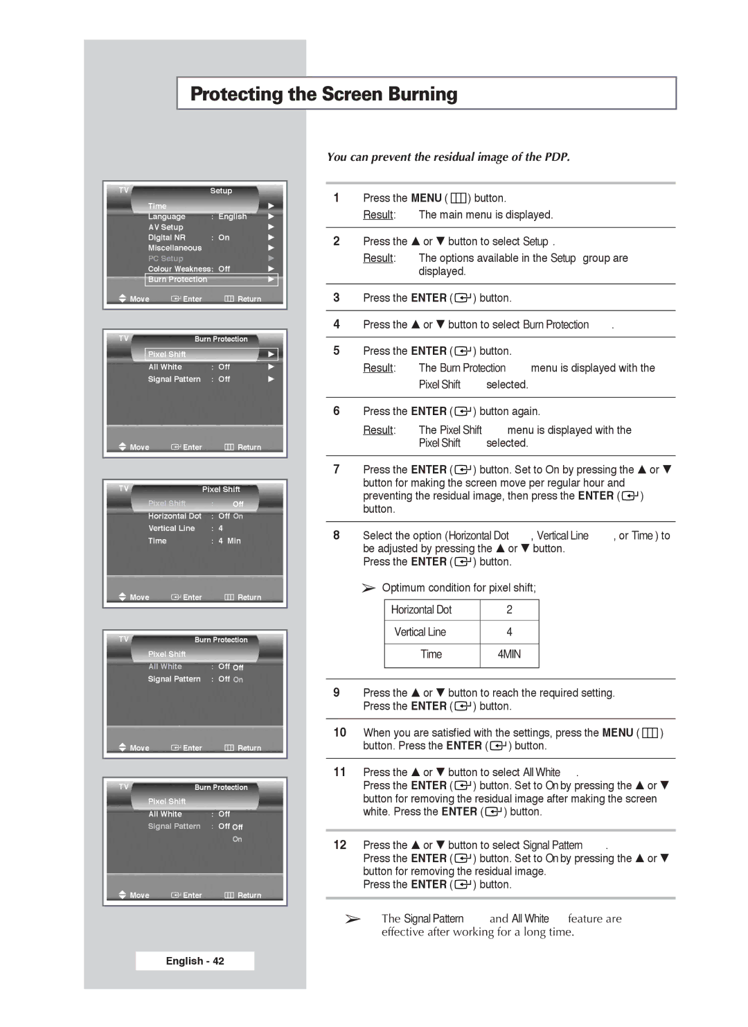 Samsung PS-50P4H1 manual Protecting the Screen Burning, You can prevent the residual image of the PDP, Pixel Shift selected 