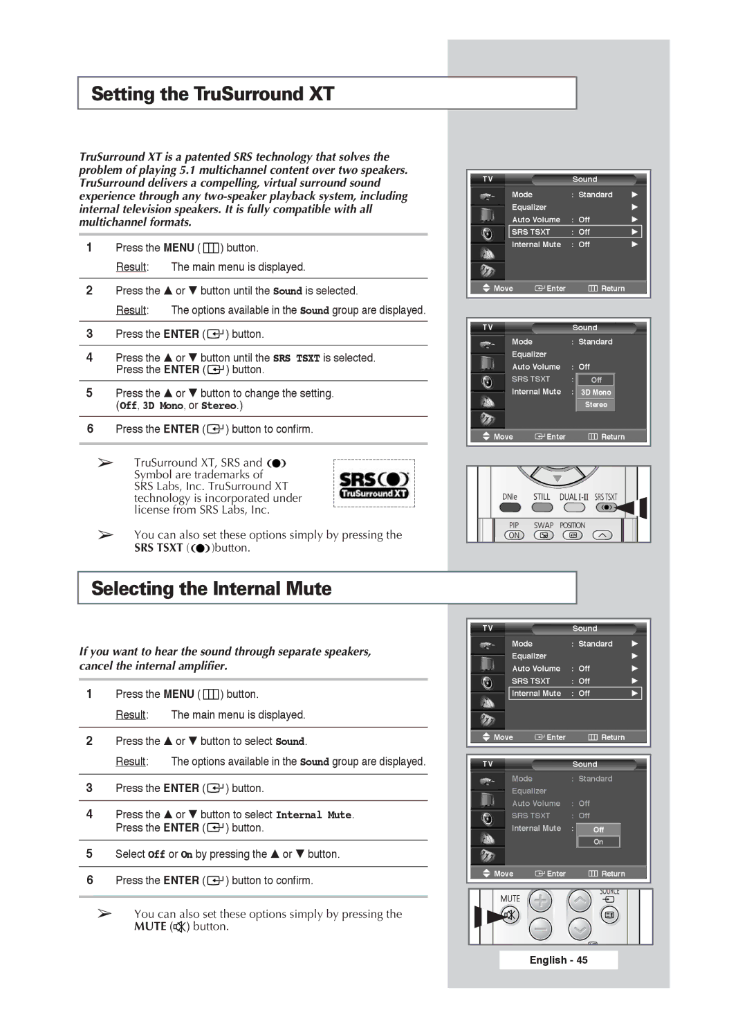 Samsung PS-50P4H1 manual Setting the TruSurround XT, Selecting the Internal Mute 