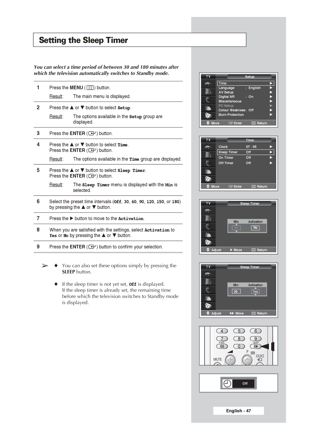 Samsung PS-50P4H1 manual Setting the Sleep Timer 