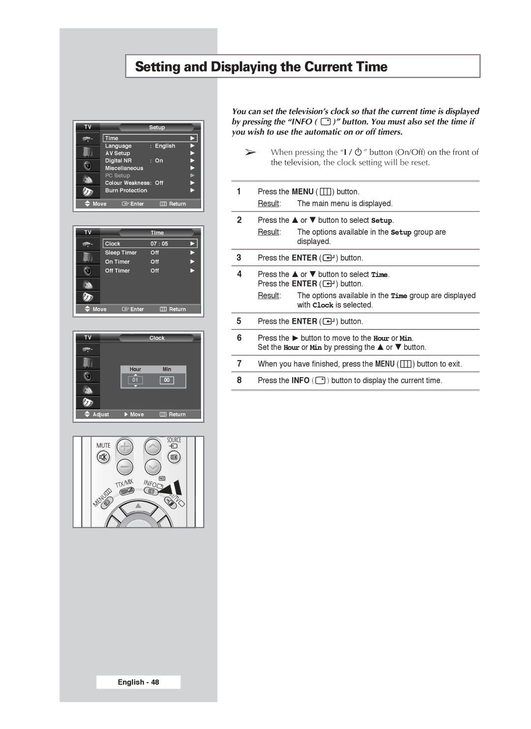 Samsung PS-50P4H1 manual Setting and Displaying the Current Time 