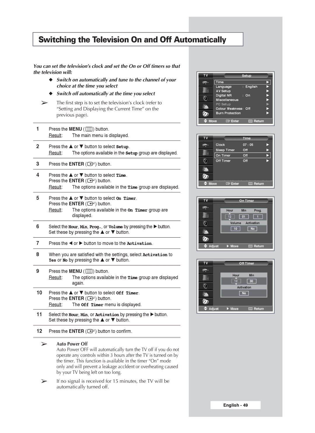 Samsung PS-50P4H1 manual Switching the Television On and Off Automatically, Auto Power Off 