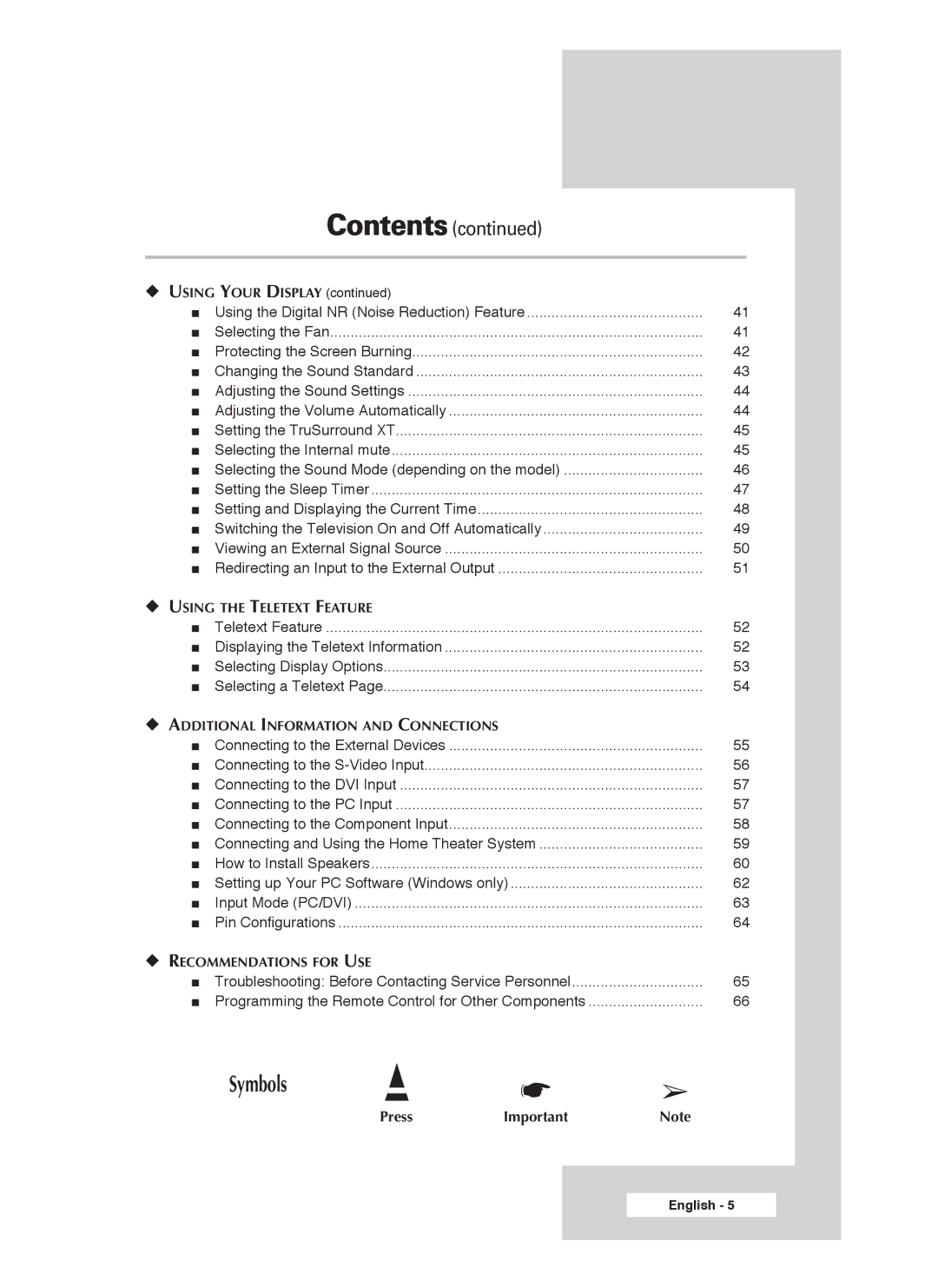 Samsung PS-50P4H1 manual Symbols, Contents 