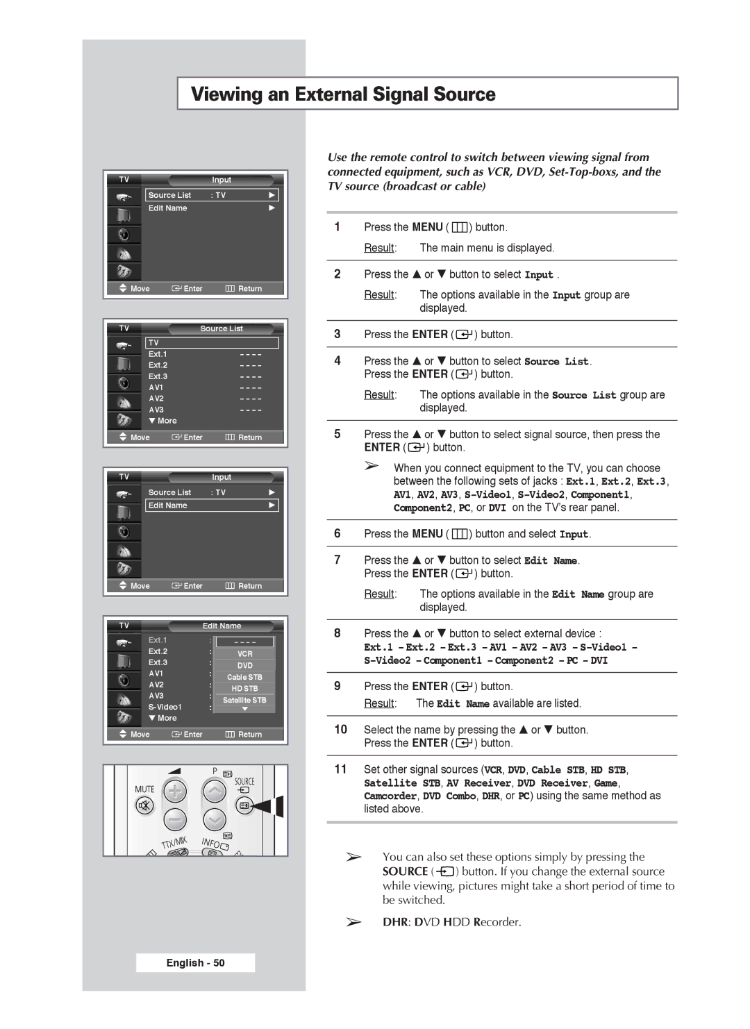 Samsung PS-50P4H1 manual Viewing an External Signal Source, AV1, AV2, AV3, S-Video1,S-Video2,Component1 