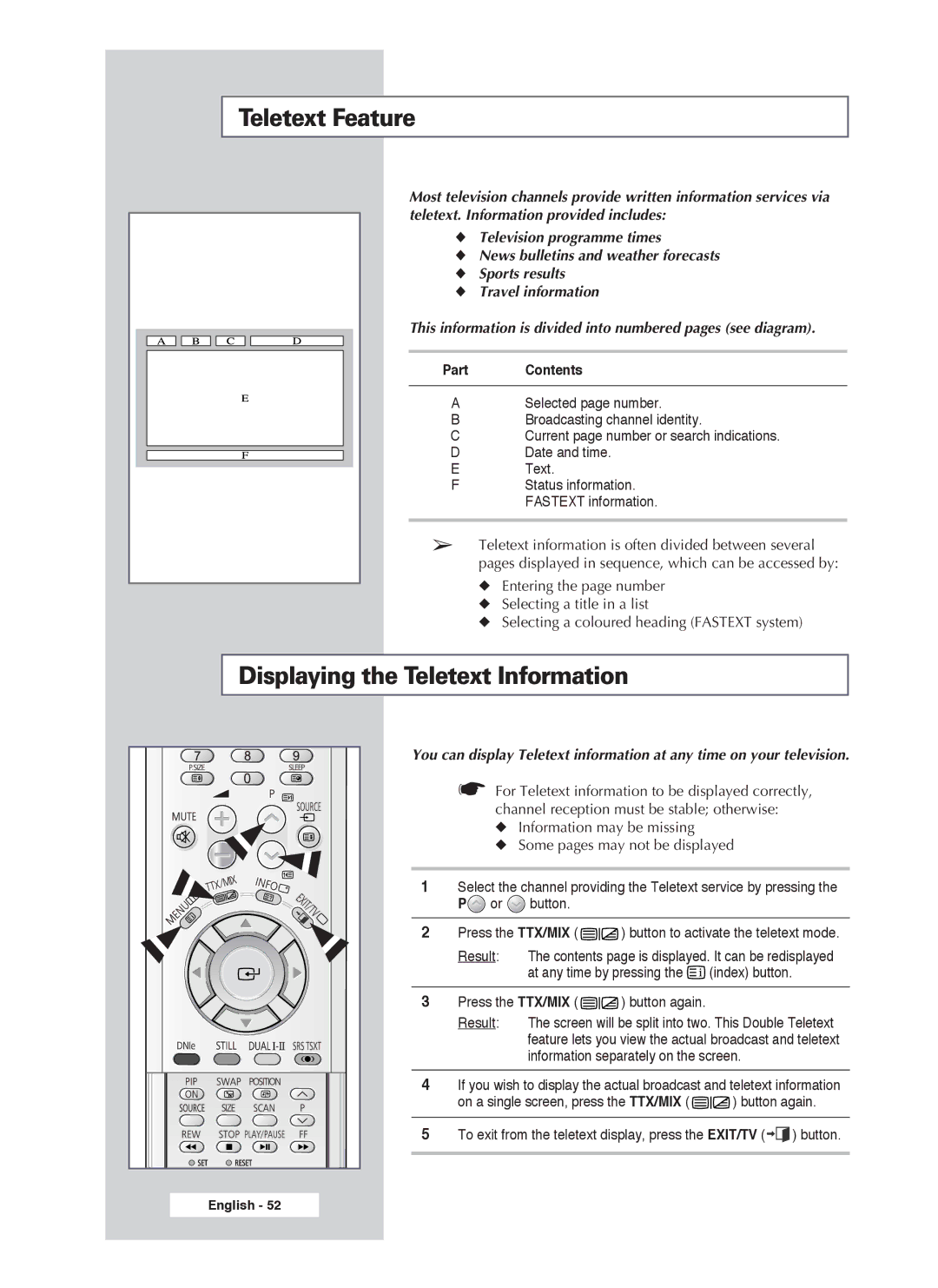 Samsung PS-50P4H1 manual Teletext Feature, Displaying the Teletext Information 