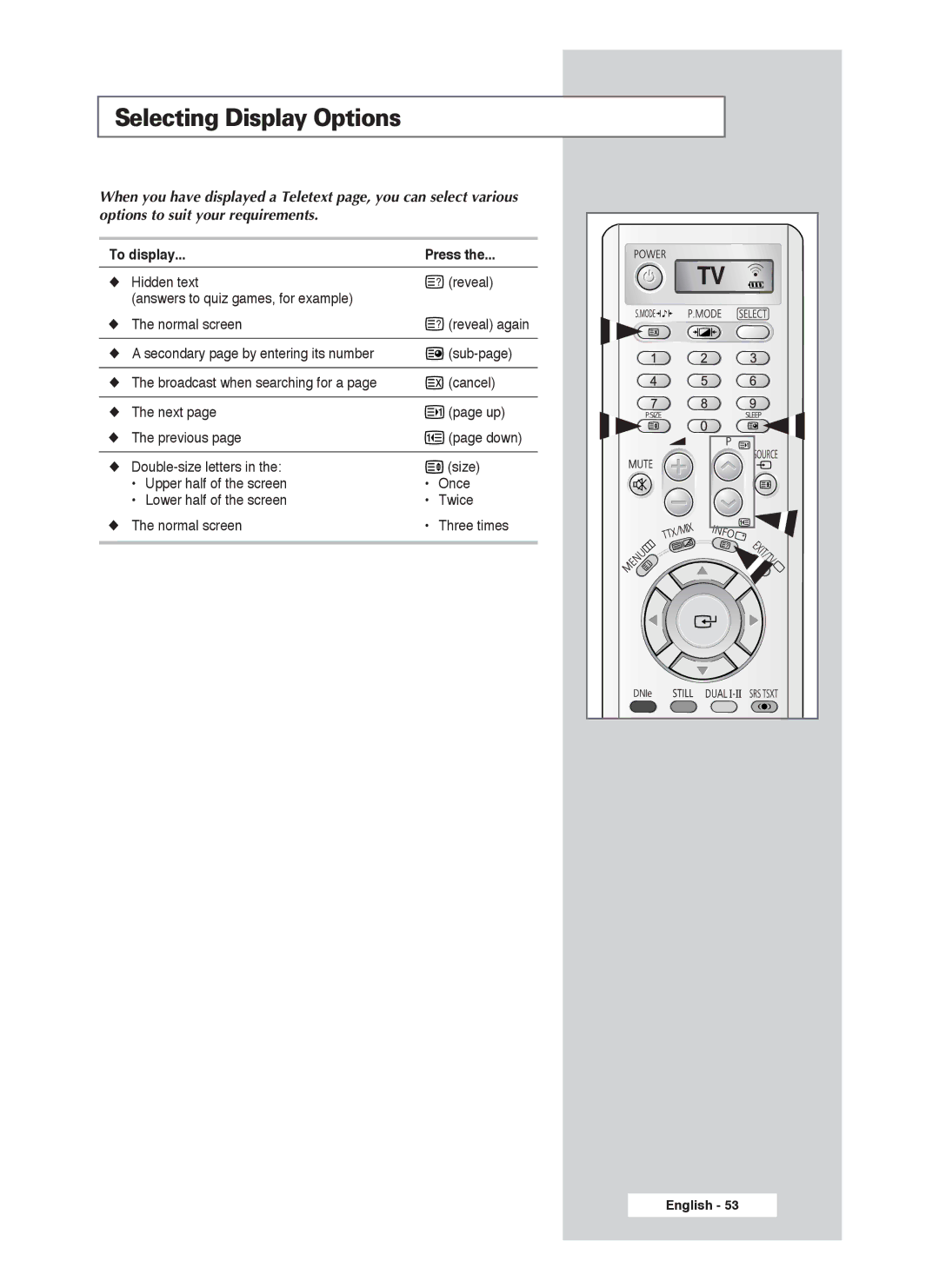 Samsung PS-50P4H1 manual Selecting Display Options, To display Press 