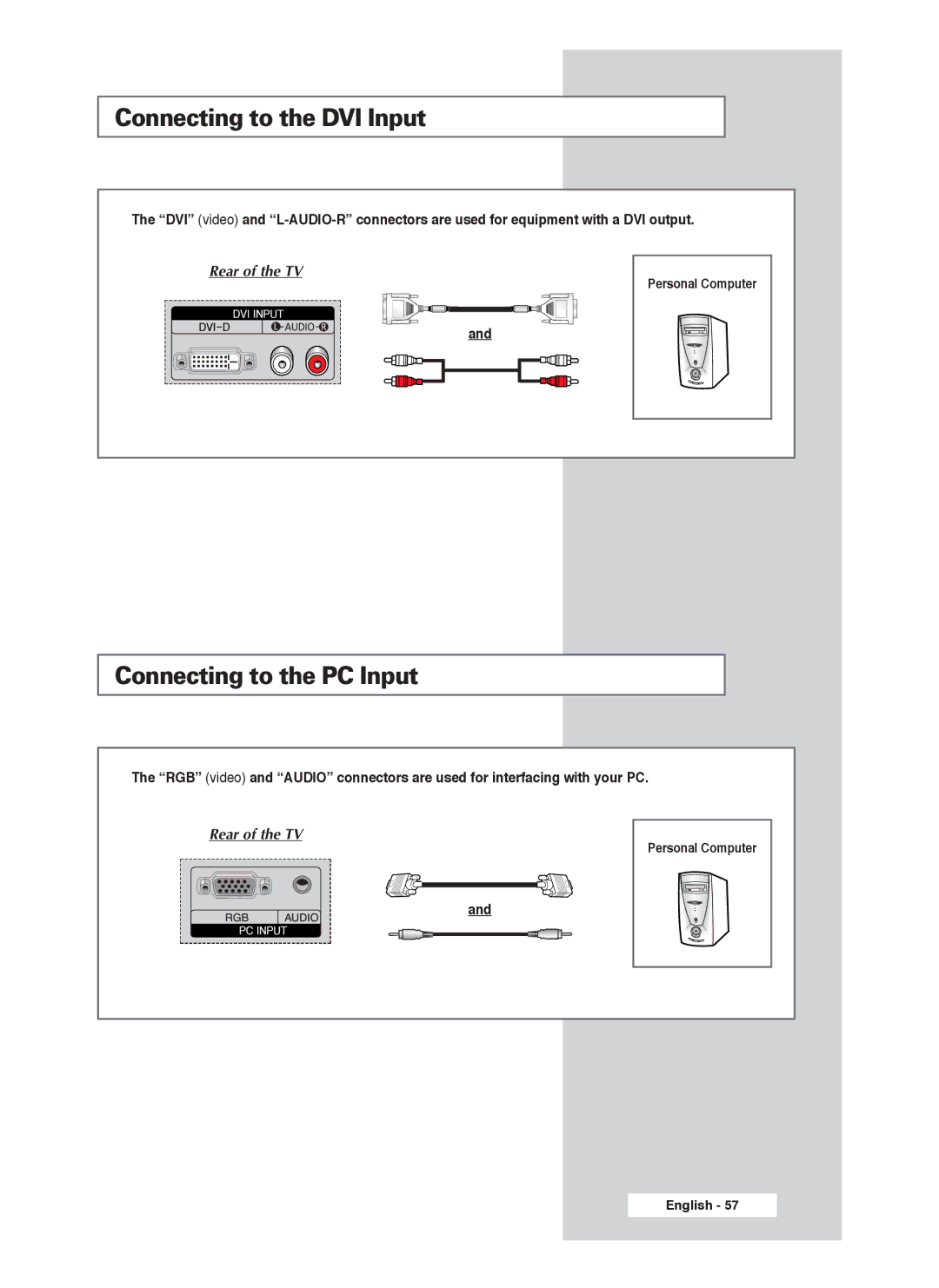 Samsung PS-50P4H1 manual Connecting to the DVI Input, Connecting to the PC Input 