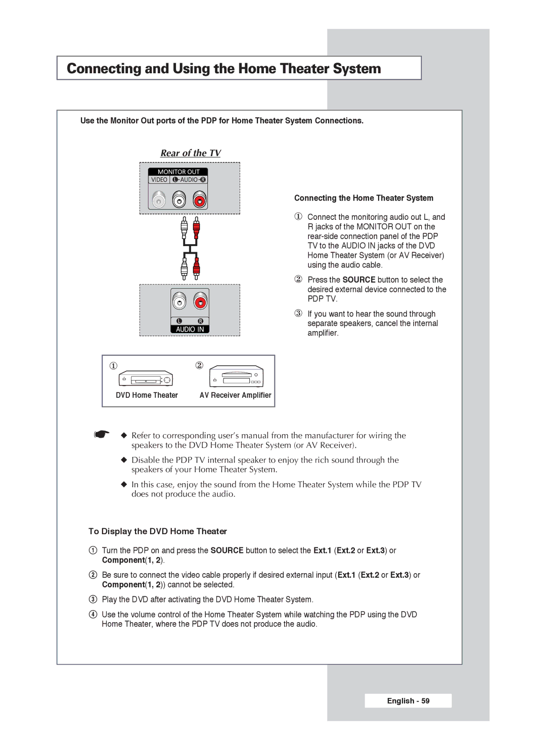 Samsung PS-50P4H1 manual Connecting and Using the Home Theater System, Connecting the Home Theater System 