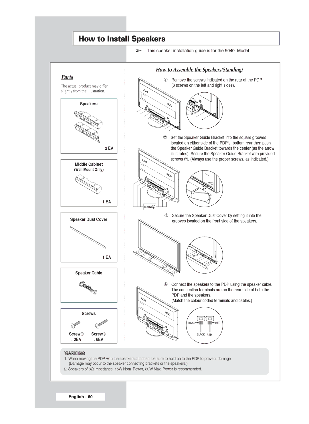 Samsung PS-50P4H1 manual How to Install Speakers, Parts 