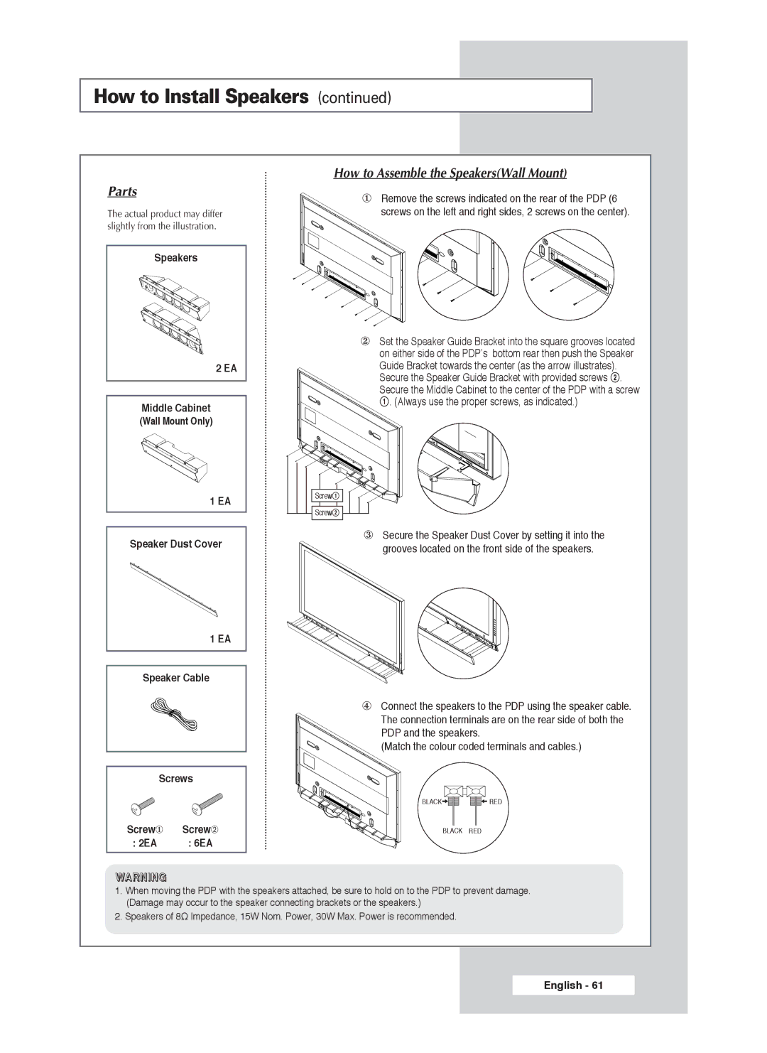 Samsung PS-50P4H1 manual How to Assemble the SpeakersWall Mount 