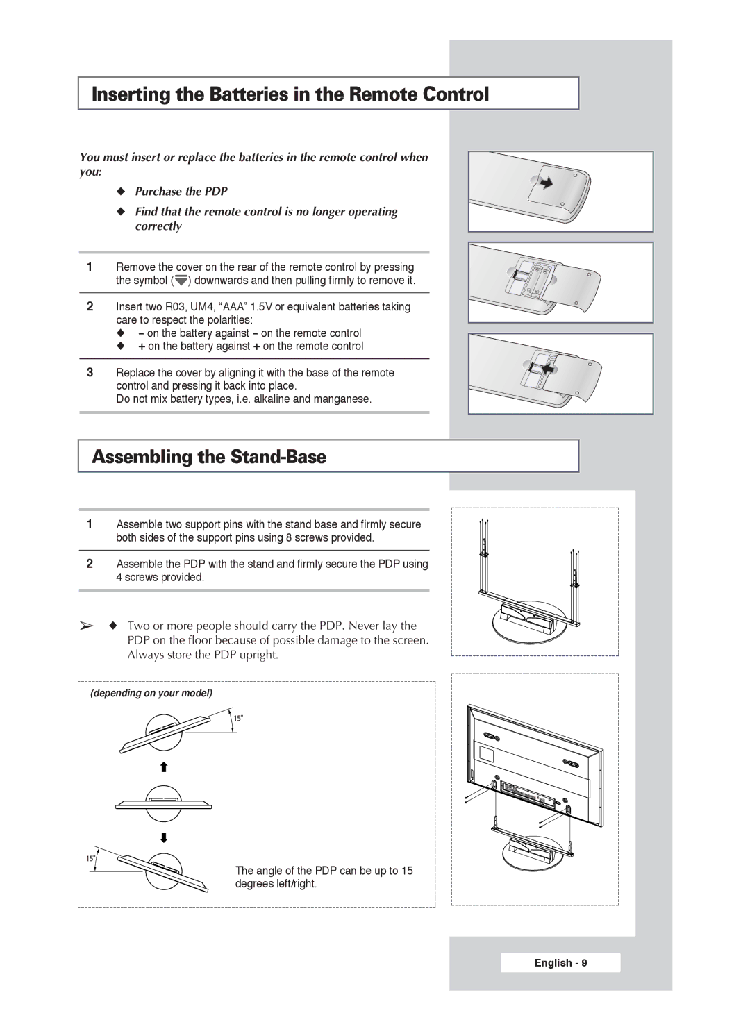 Samsung PS-50P4H1 manual Inserting the Batteries in the Remote Control, Assembling the Stand-Base 