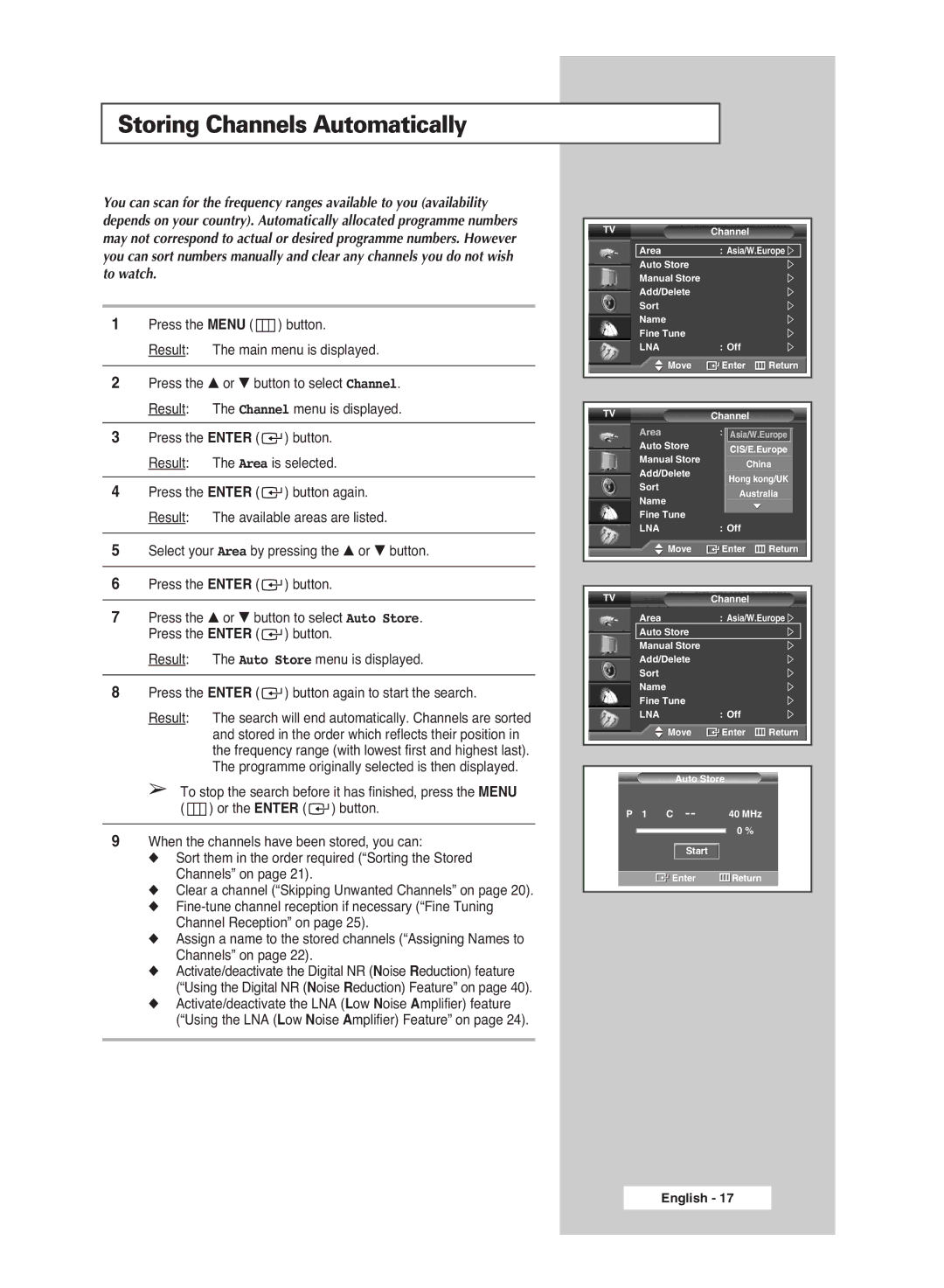Samsung PS-42P5H, PS-50P5H manual Storing Channels Automatically, Lna 