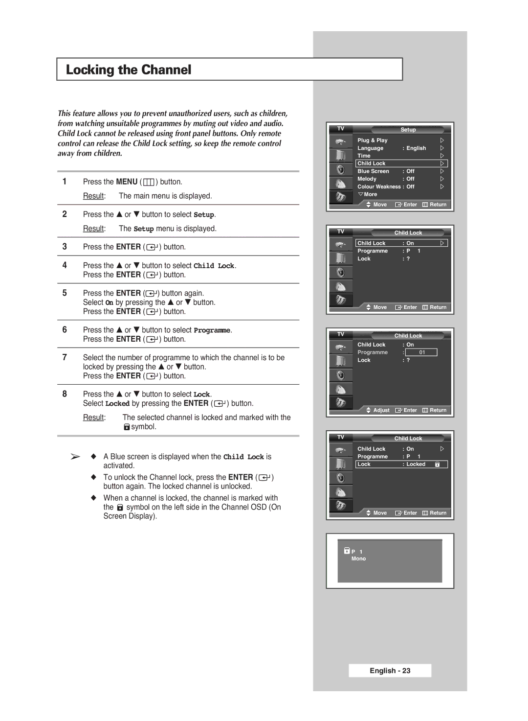 Samsung PS-42P5H, PS-50P5H manual Locking the Channel 