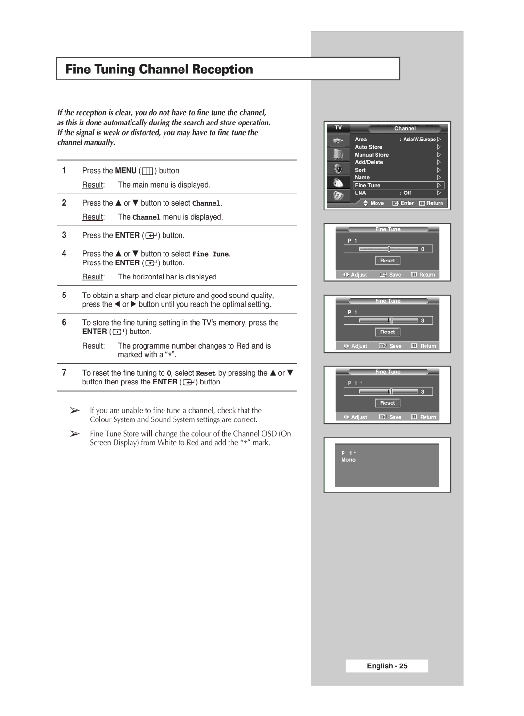 Samsung PS-42P5H, PS-50P5H manual Fine Tuning Channel Reception 