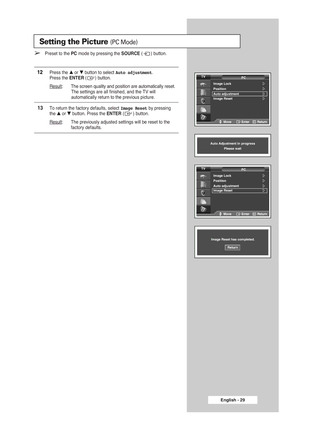 Samsung PS-42P5H, PS-50P5H manual Setting the Picture PC Mode 