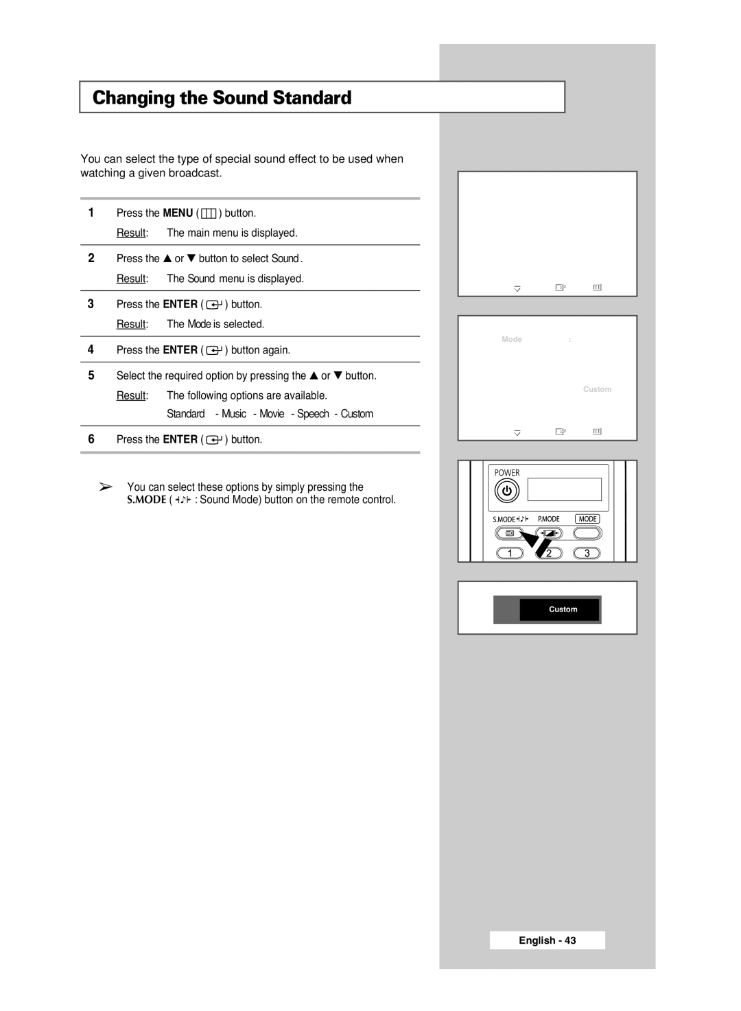 Samsung PS-42P5H, PS-50P5H manual Changing the Sound Standard, Standard Music Movie Speech Custom 