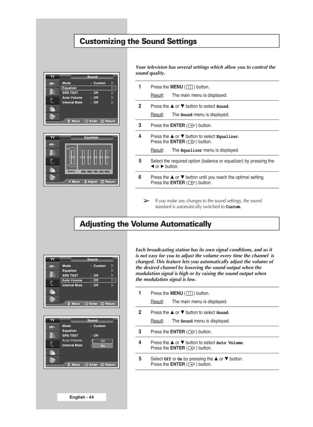 Samsung PS-50P5H, PS-42P5H manual Customizing the Sound Settings, Adjusting the Volume Automatically 