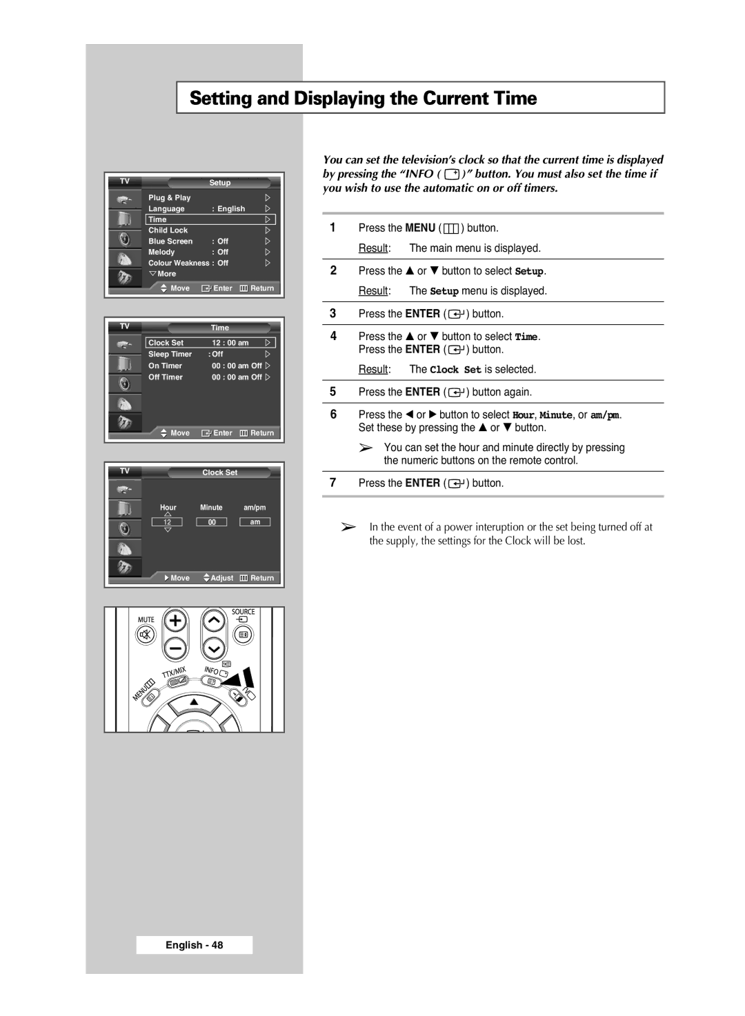 Samsung PS-50P5H, PS-42P5H manual Setting and Displaying the Current Time 