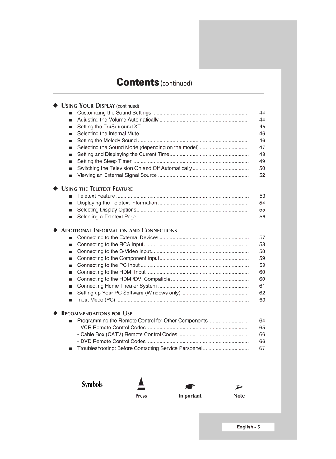 Samsung PS-42P5H, PS-50P5H manual Symbols 