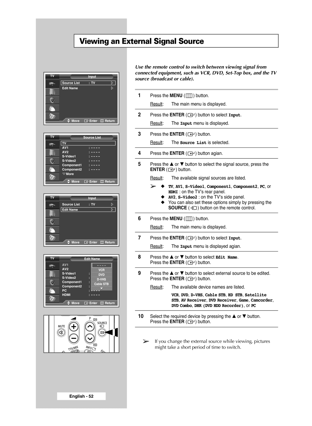 Samsung PS-50P5H, PS-42P5H manual Viewing an External Signal Source, TV, AV1, S-Video1,Component1, Component2, PC, or 