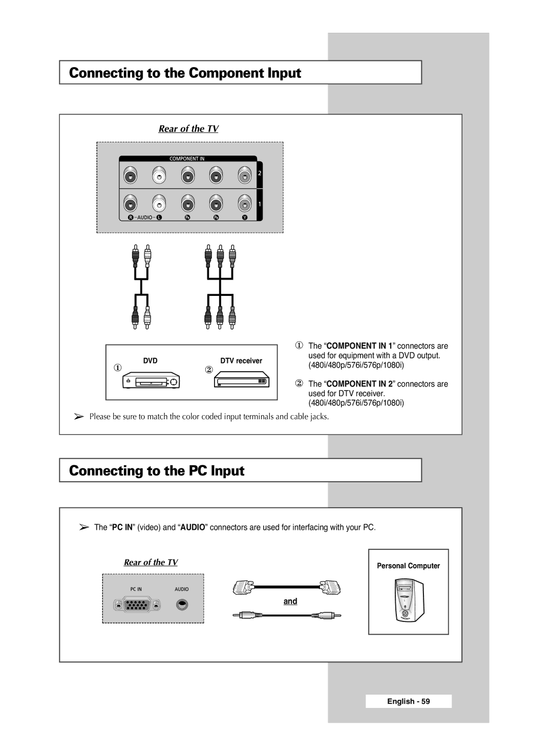 Samsung PS-42P5H, PS-50P5H manual Connecting to the Component Input, Connecting to the PC Input 