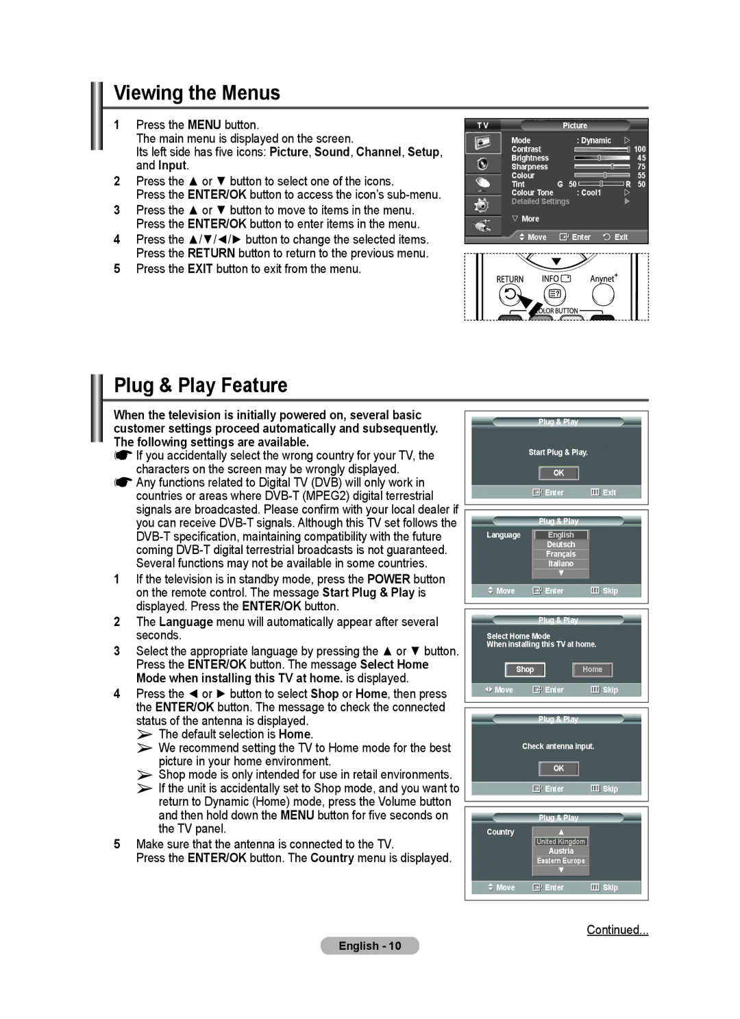 Samsung PS-50P96FD, PS-63P76FD manual Viewing the Menus, Plug & Play Feature, Press the Exit button to exit from the menu 