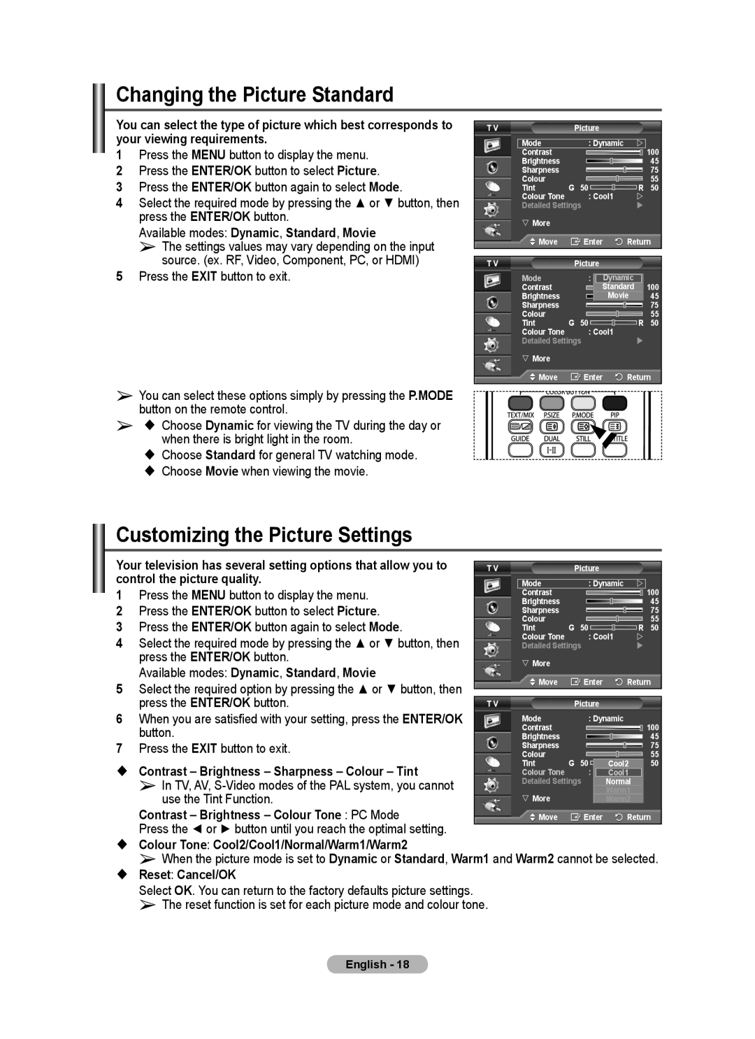 Samsung PS-50P96FD, PS-63P76FD manual Changing the Picture Standard, Customizing the Picture Settings 