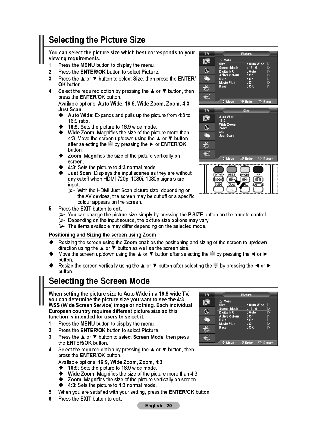 Samsung PS-50P96FD, PS-63P76FD manual Selecting the Picture Size, Selecting the Screen Mode, Just Scan 