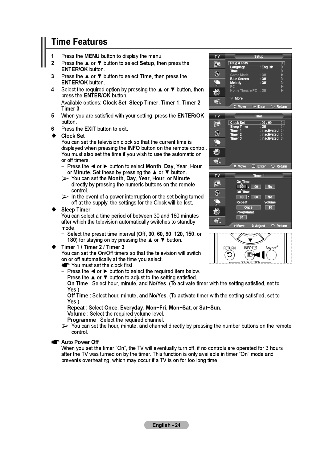 Samsung PS-50P96FD, PS-63P76FD manual Time Features 