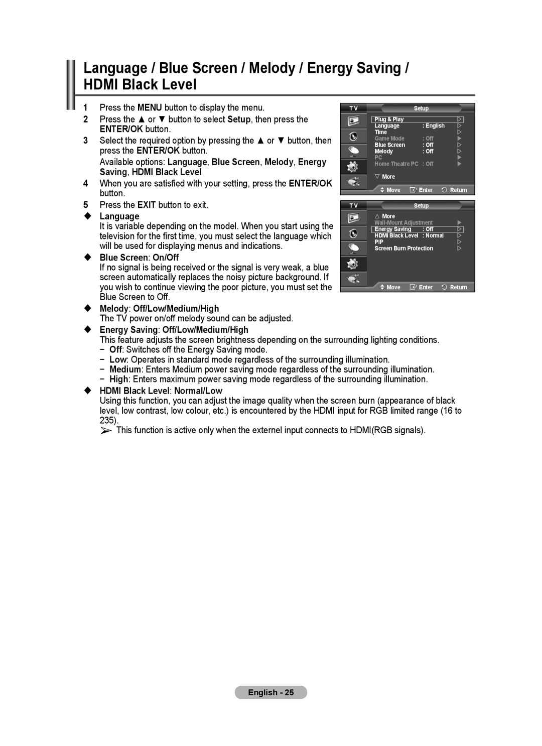 Samsung PS-63P76FD manual Saving, Hdmi Black Level, Button Press the Exit button to exit,  Language, Blue Screen to Off 