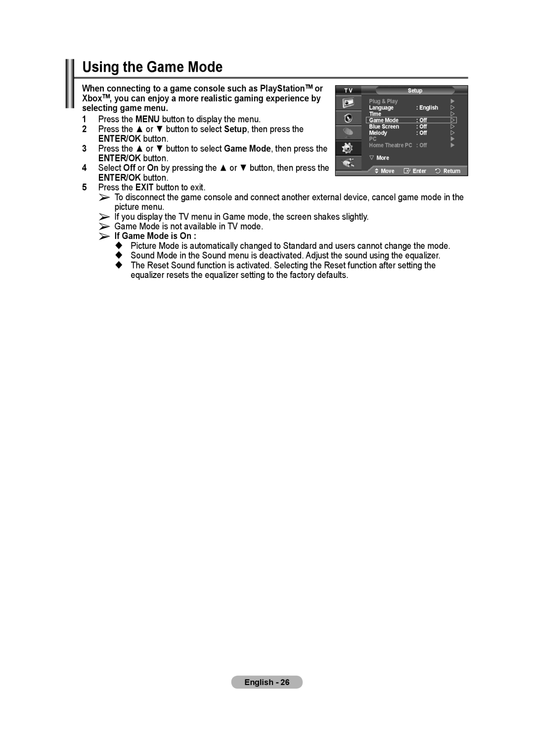 Samsung PS-50P96FD, PS-63P76FD manual Using the Game Mode, Selecting game menu 