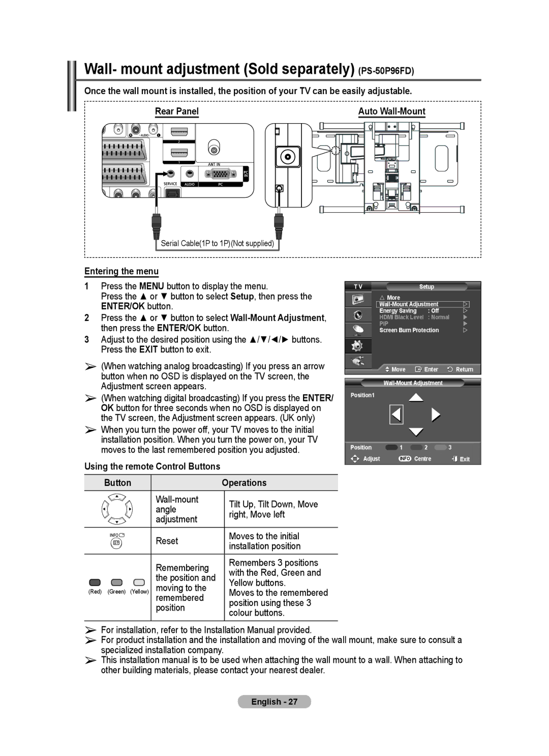 Samsung PS-63P76FD Wall- mount adjustment Sold separately PS-50P96FD, Entering the menu, Using the remote Control Buttons 