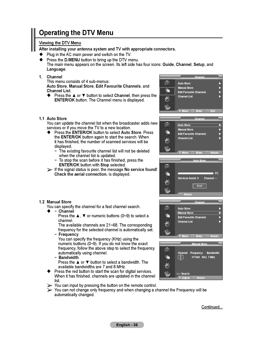 Samsung PS-50P96FD Manual Store, You can specify the channel for a fast channel search,  − Channel, Frequency, Bandwidth 