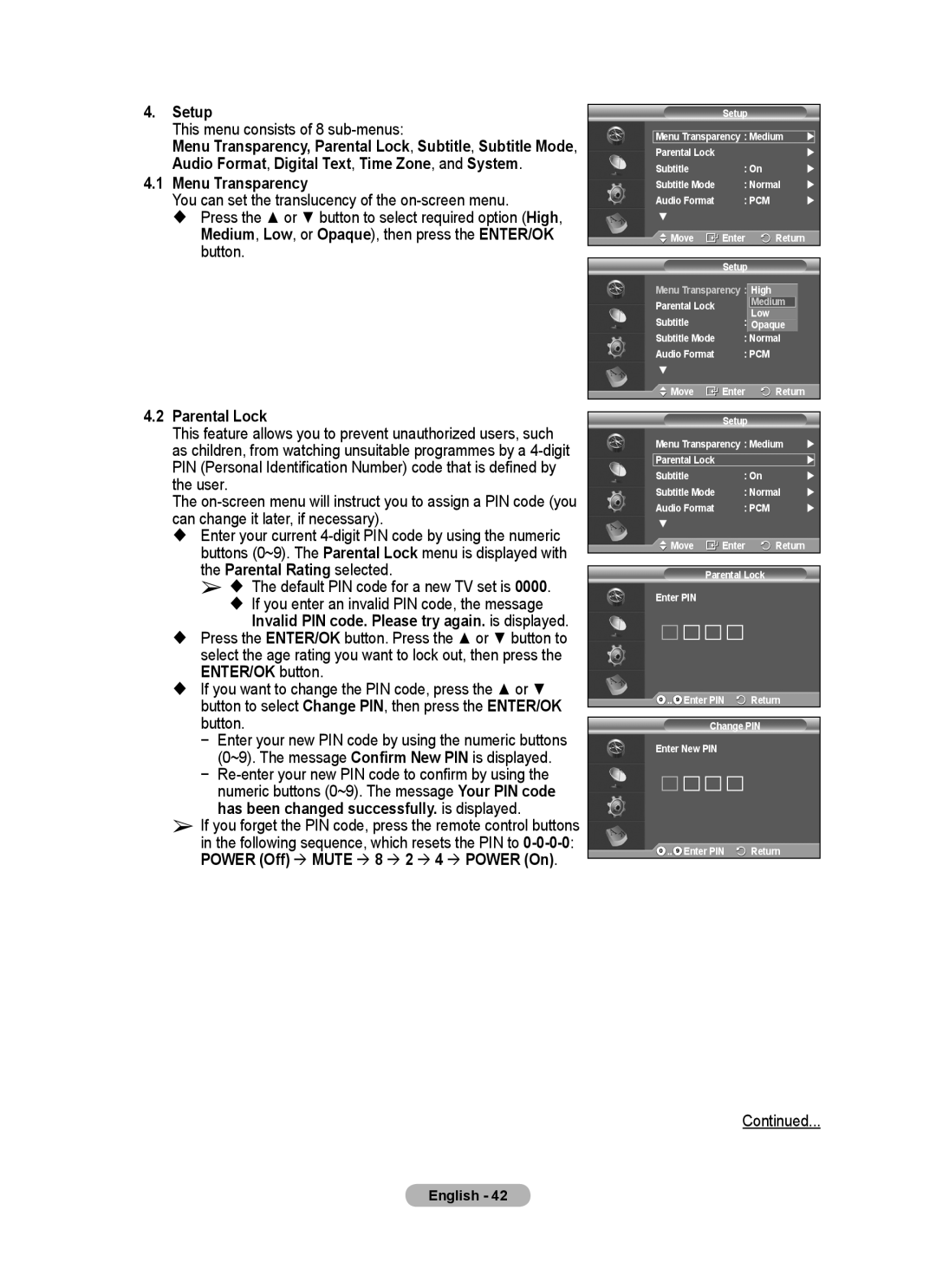 Samsung PS-50P96FD, PS-63P76FD manual Setup, This menu consists of 8 sub-menus, Menu Transparency, Parental Lock, Button 