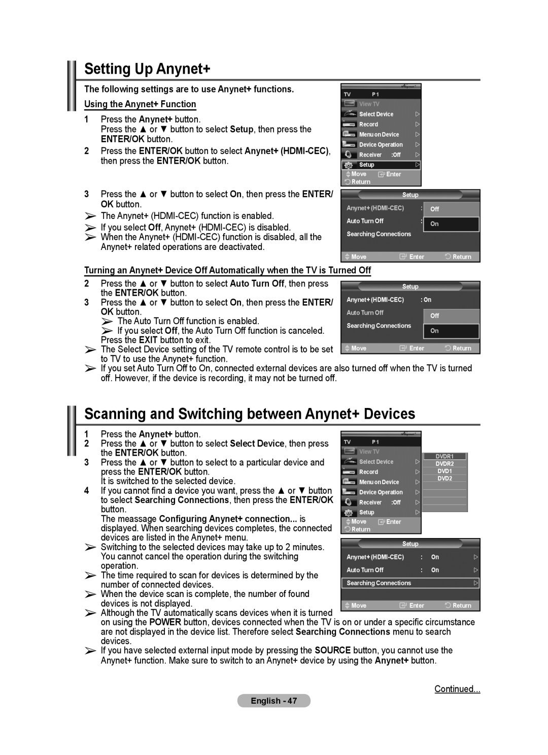 Samsung PS-63P76FD, PS-50P96FD manual Setting Up Anynet+ 