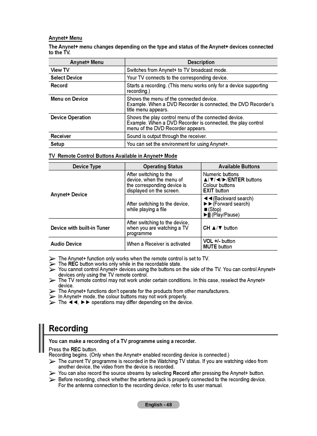 Samsung PS-50P96FD, PS-63P76FD manual Recording 