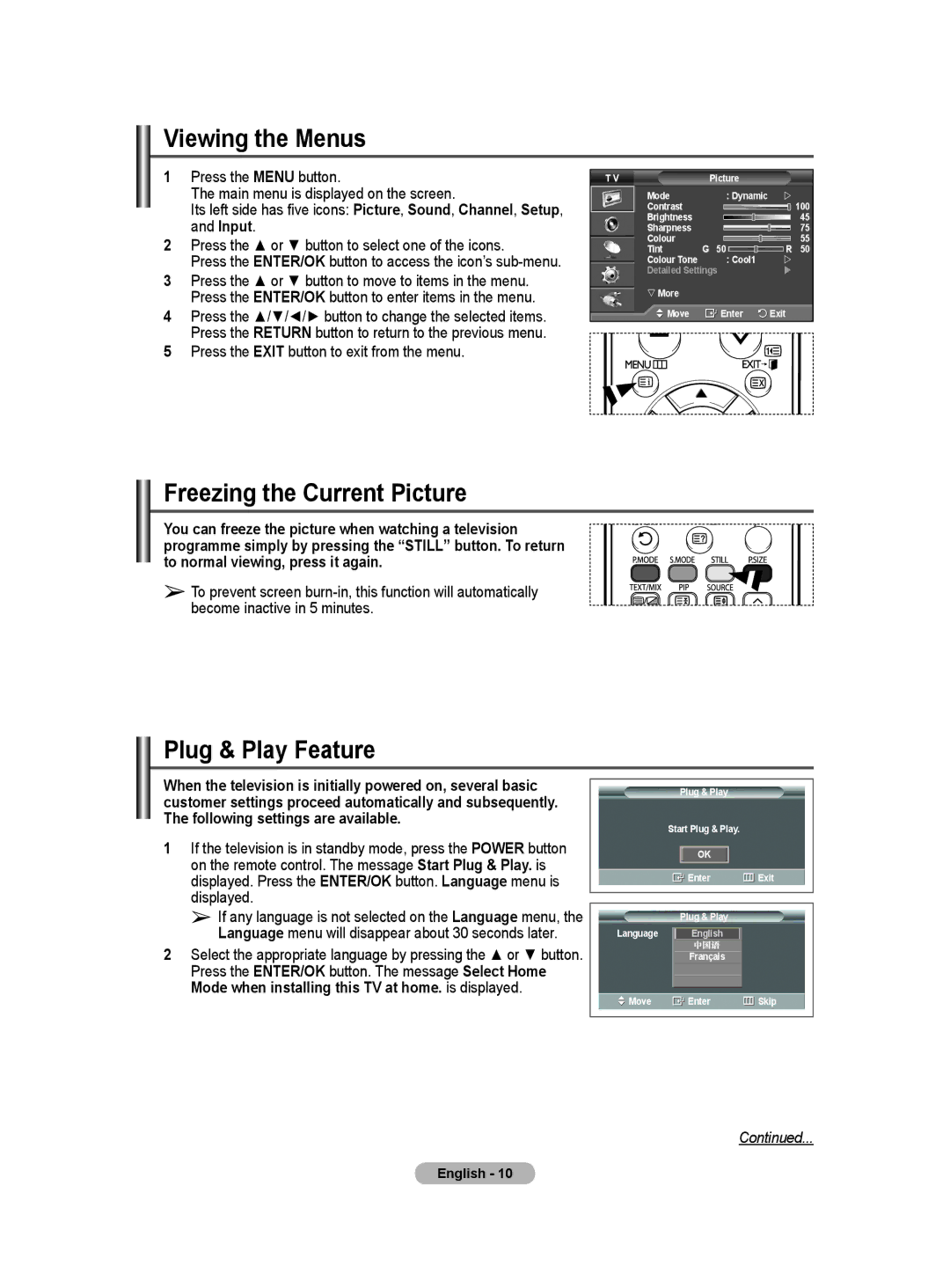 Samsung PS-50Q91HP, PS-42Q91HP manual Viewing the Menus, Freezing the Current Picture, Plug & Play Feature 