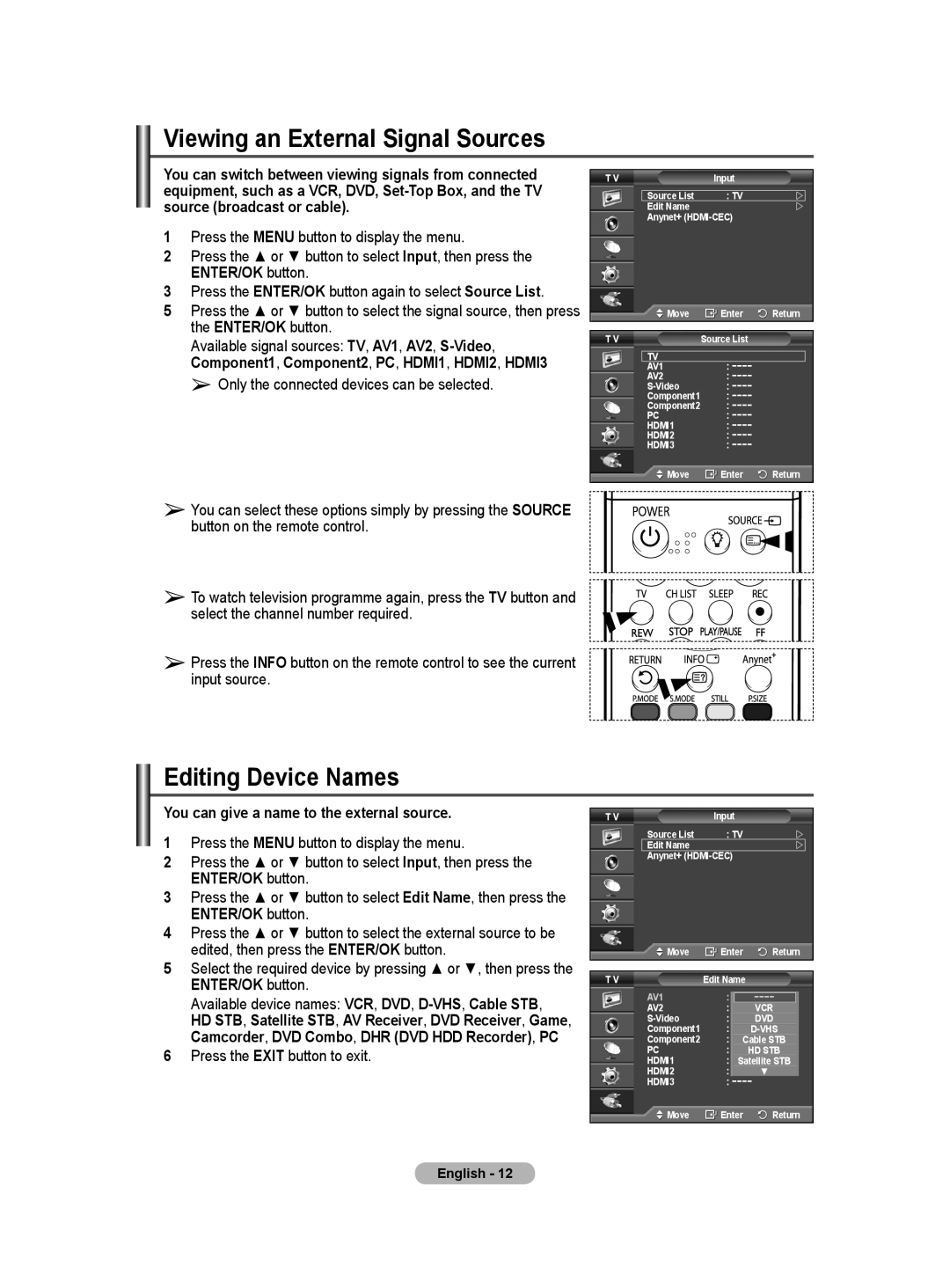 Samsung PS-50Q91HP Viewing an External Signal Sources, Editing Device Names, Only the connected devices can be selected 