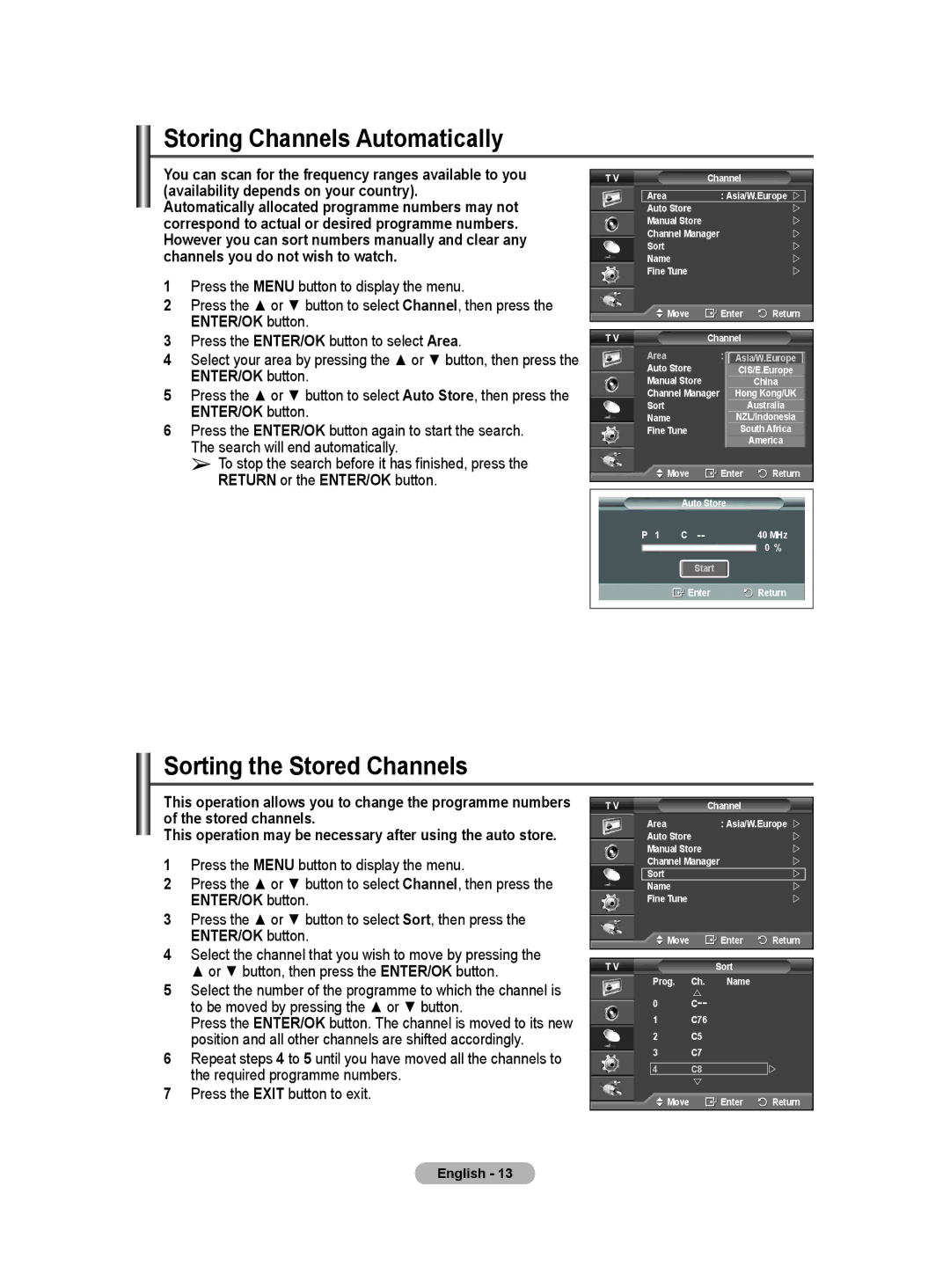 Samsung PS-42Q91HP, PS-50Q91HP manual Storing Channels Automatically, Sorting the Stored Channels 