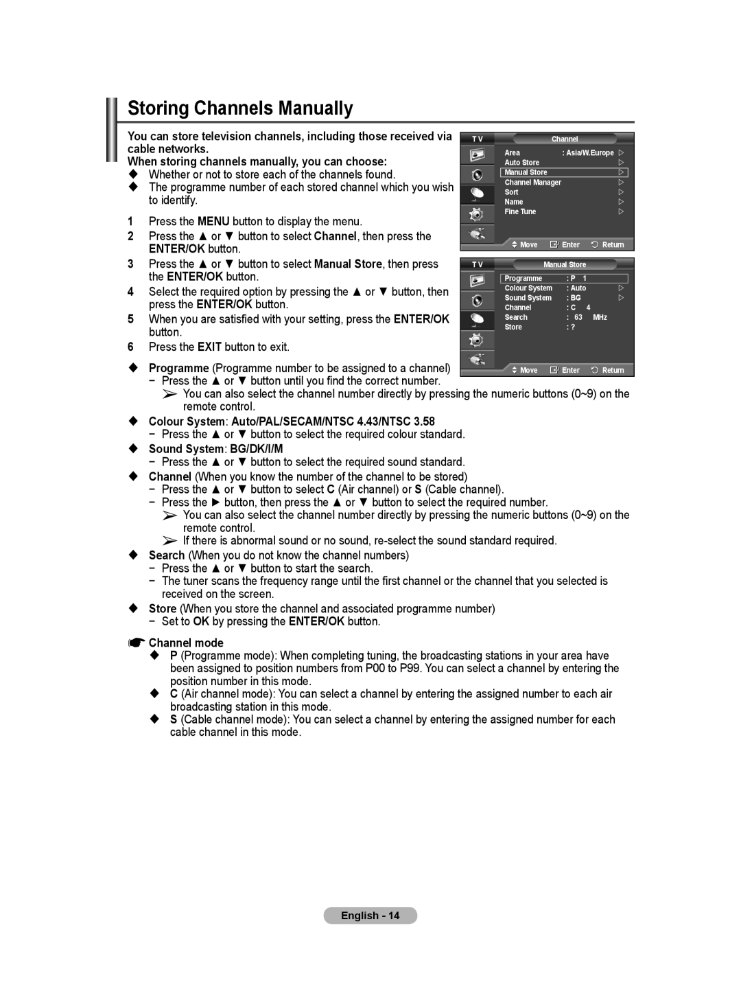 Samsung PS-50Q91HP, PS-42Q91HP manual Storing Channels Manually 