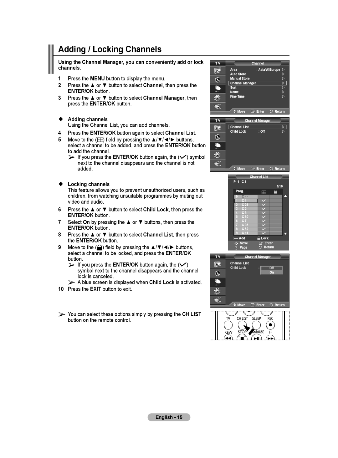 Samsung PS-42Q91HP, PS-50Q91HP Adding / Locking Channels,  Adding channels, Using the Channel List, you can add channels 