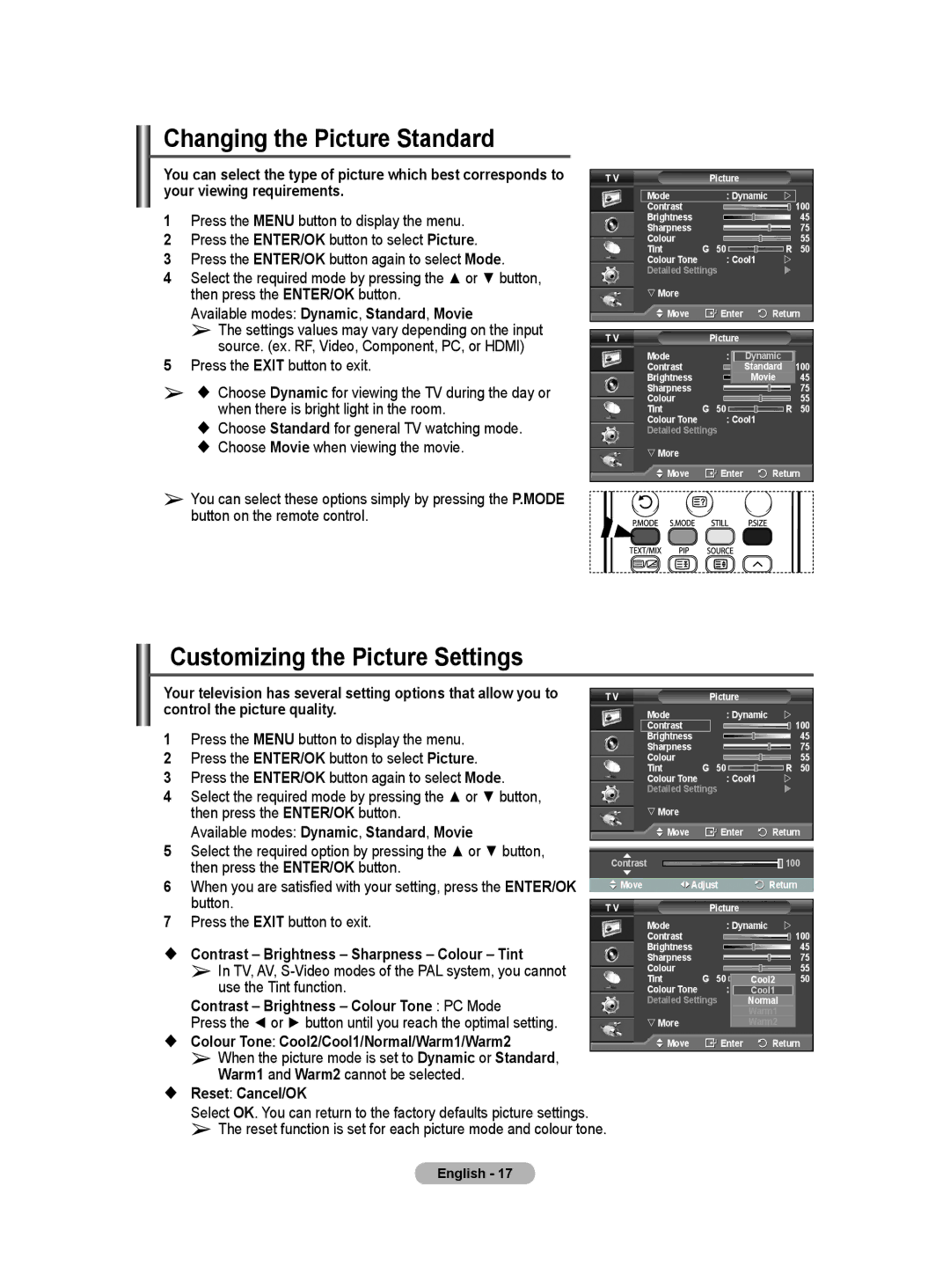 Samsung PS-42Q91HP, PS-50Q91HP manual Changing the Picture Standard, Customizing the Picture Settings 