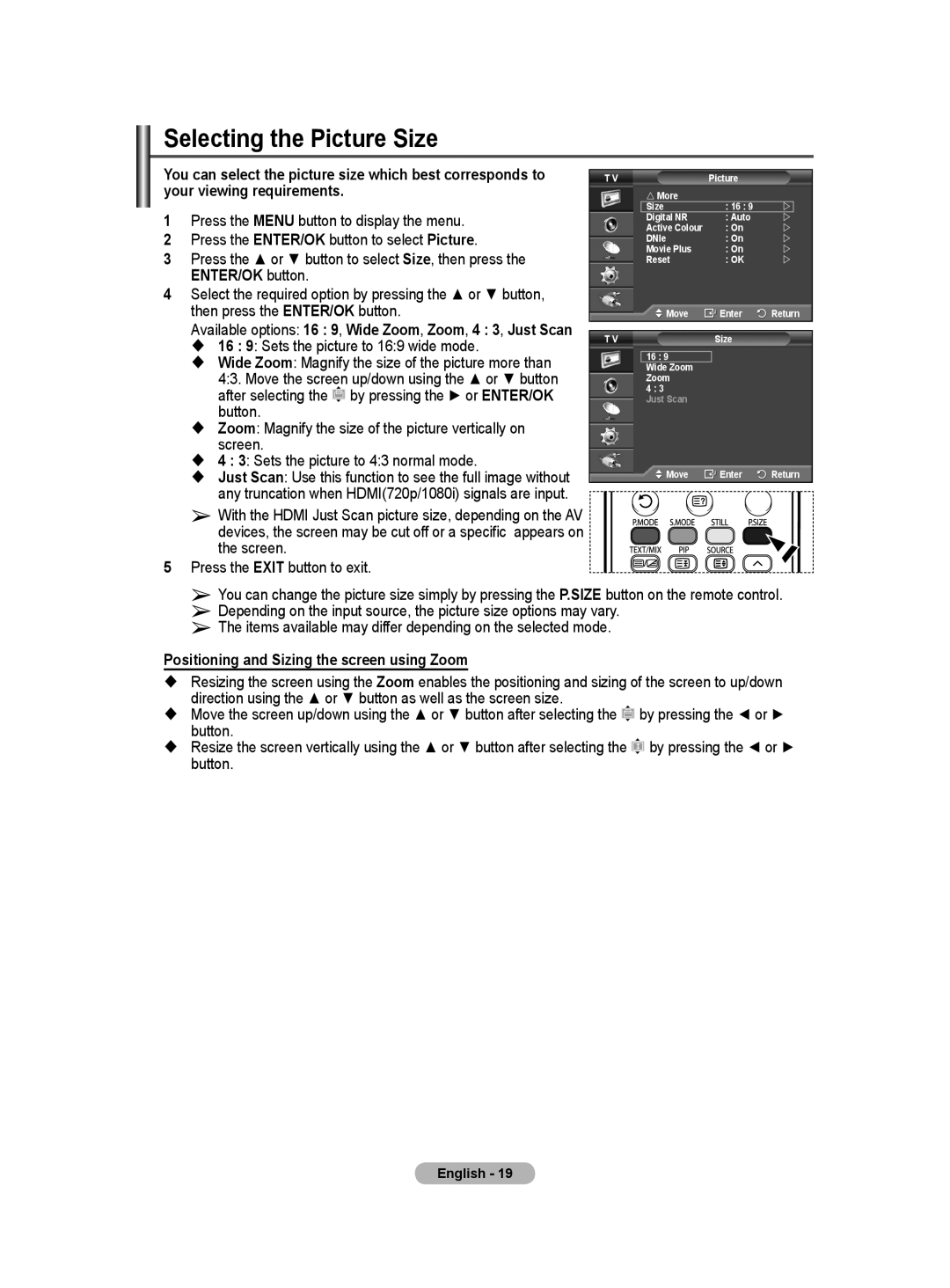 Samsung PS-42Q91HP Selecting the Picture Size, Your viewing requirements, Press the or button to select Size, then press 