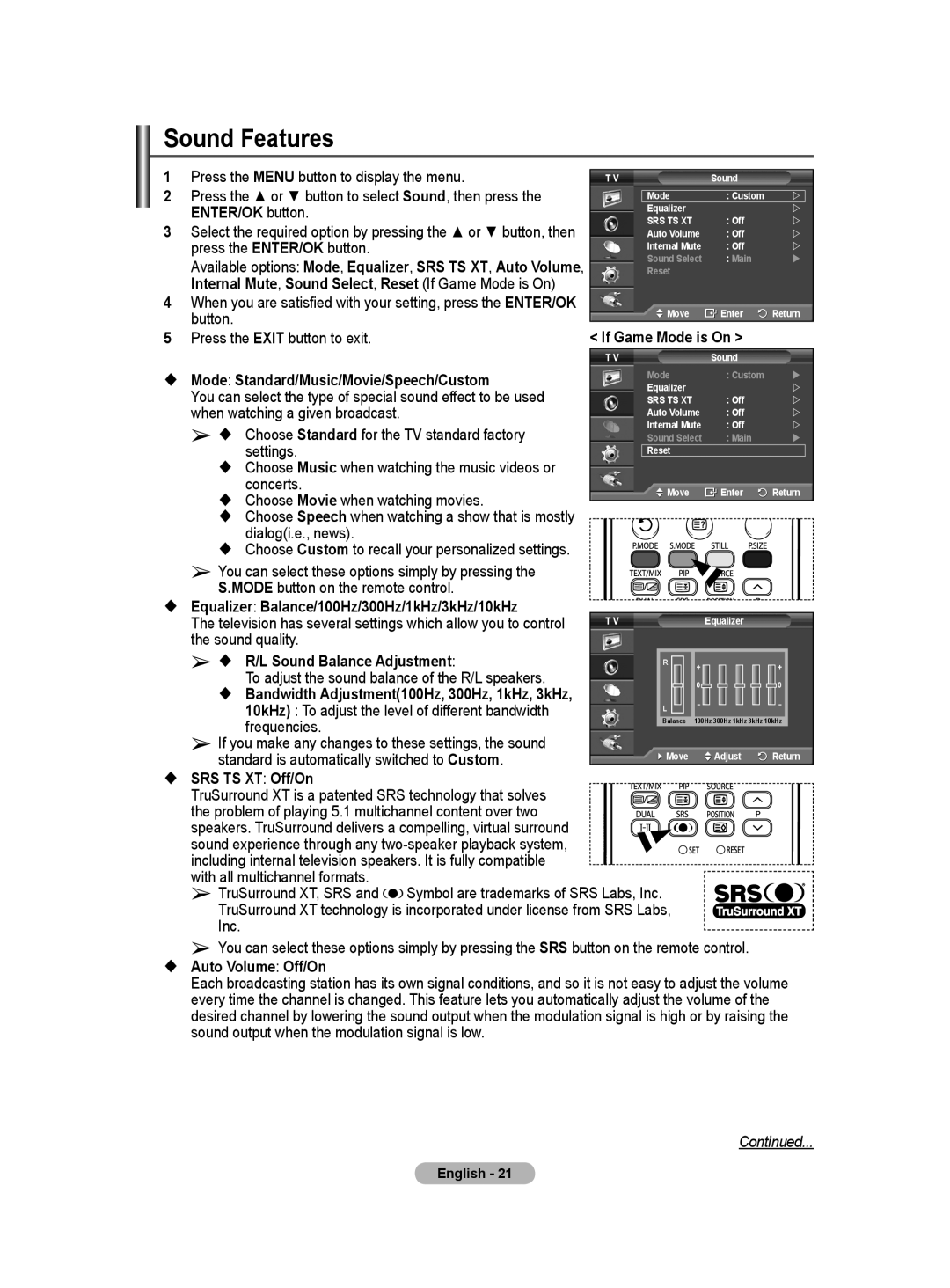 Samsung PS-42Q91HP, PS-50Q91HP manual Sound Features 