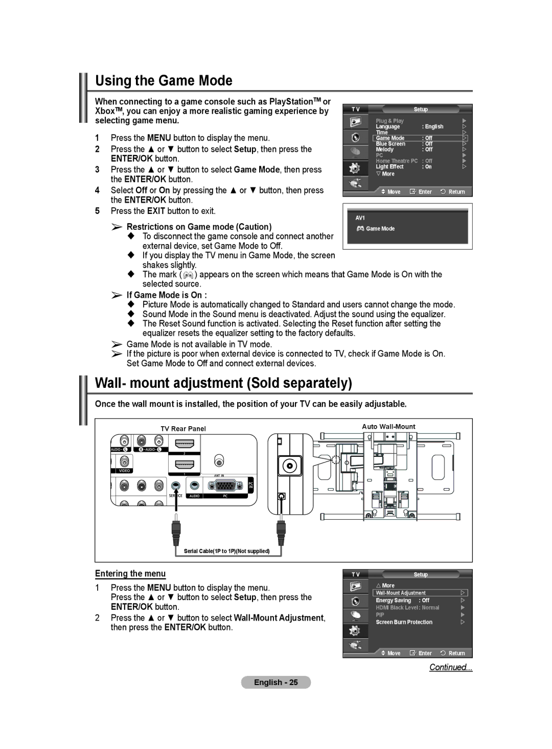 Samsung PS-42Q91HP Using the Game Mode, Wall- mount adjustment Sold separately, Selecting game menu, Entering the menu 