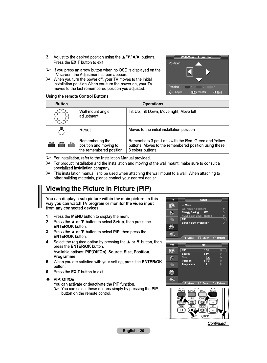 Samsung PS-50Q91HP Viewing the Picture in Picture PIP, Using the remote Control Buttons, Button Operations,  PIP Off/On 