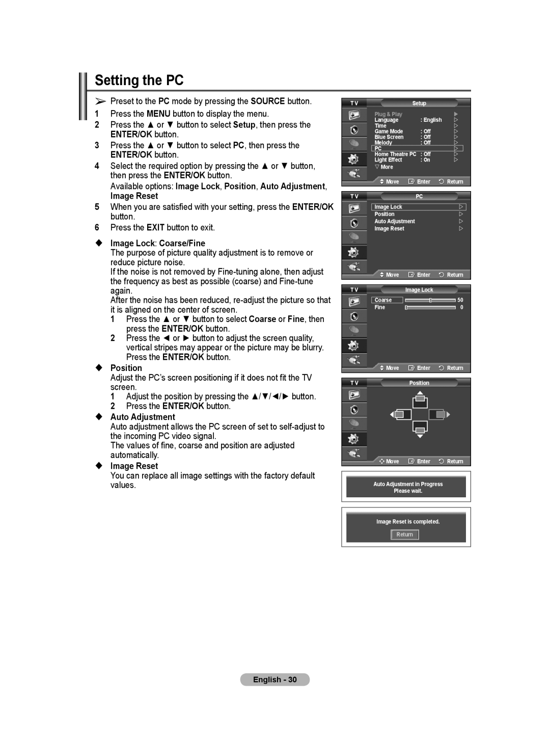 Samsung PS-50Q91HP, PS-42Q91HP manual Setting the PC,  Image Lock Coarse/Fine,  Auto Adjustment,  Image Reset 